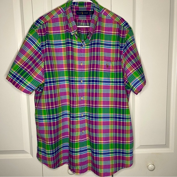 Ralph Lauren Pink Green Plaid Button Up XXL 2XL Flesh Pony Short Sleeve Cotton - Picture 1 of 7